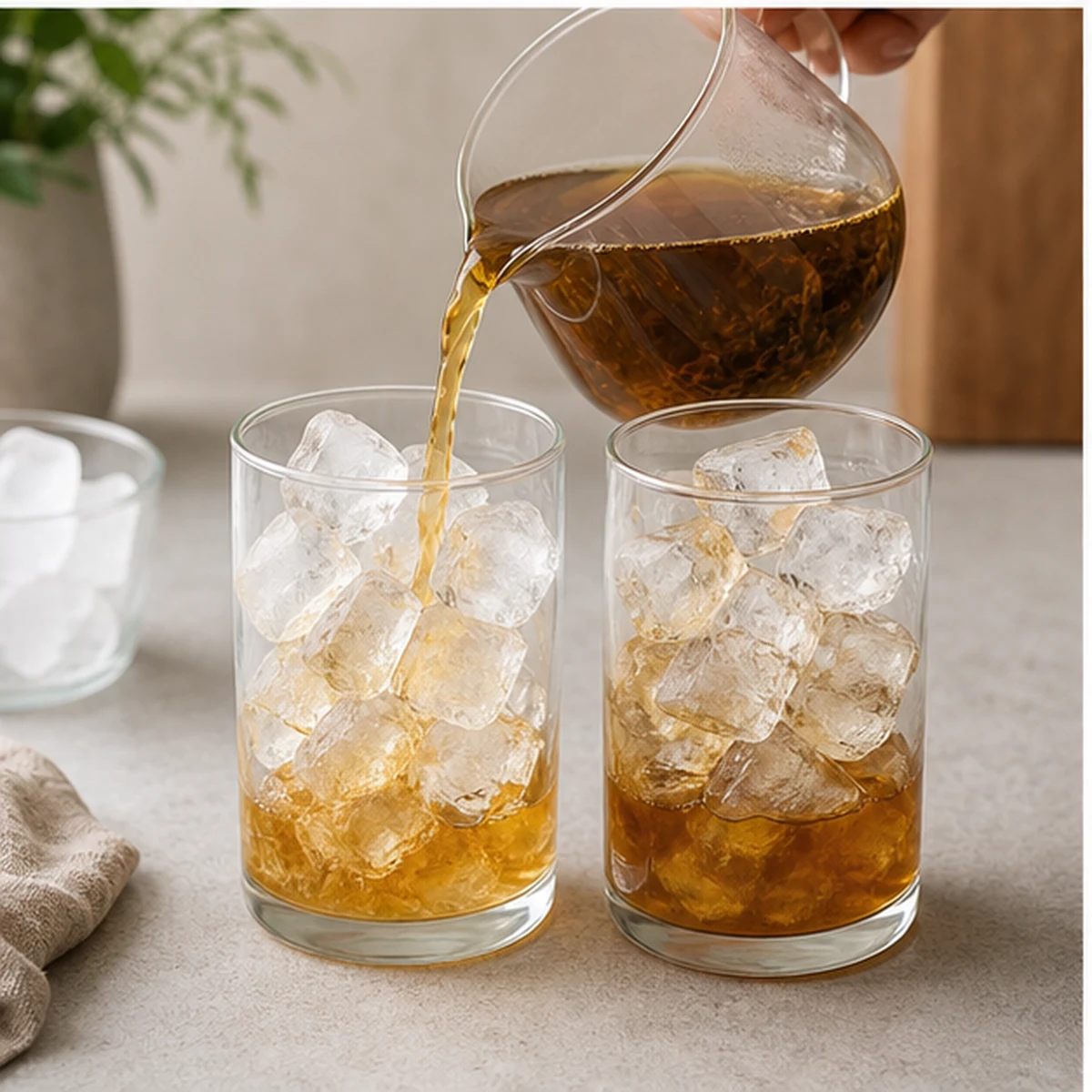 Cool for Iced Hojicha Latte, showing the ingredients and preparation at this stage