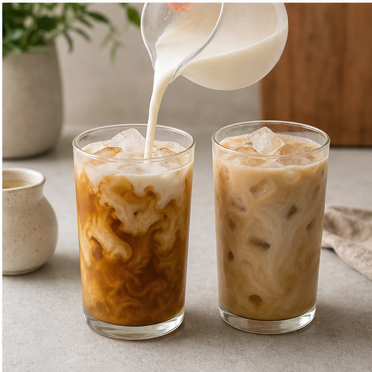 Finish for Iced Hojicha Latte, showing the ingredients and preparation at this stage