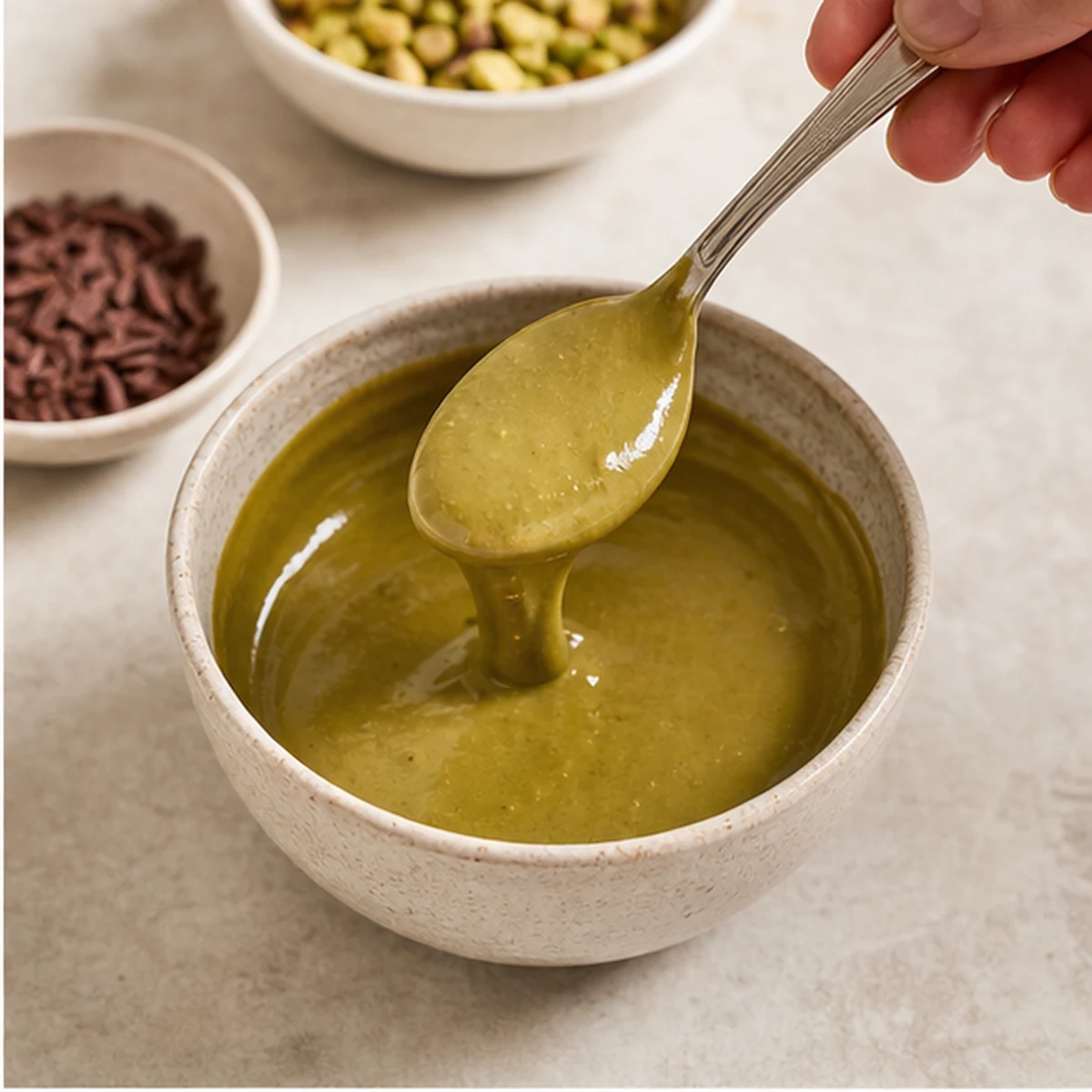 Warm the pistachio cream for Kataifi Pistachio Ice Cream Sundae, showing the ingredients and preparation at this stage