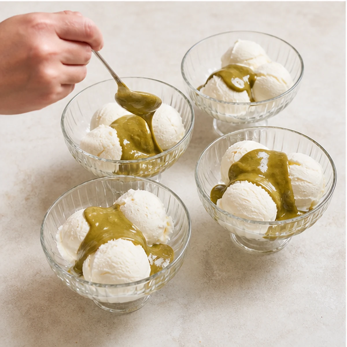 Build for Kataifi Pistachio Ice Cream Sundae, showing the ingredients and preparation at this stage