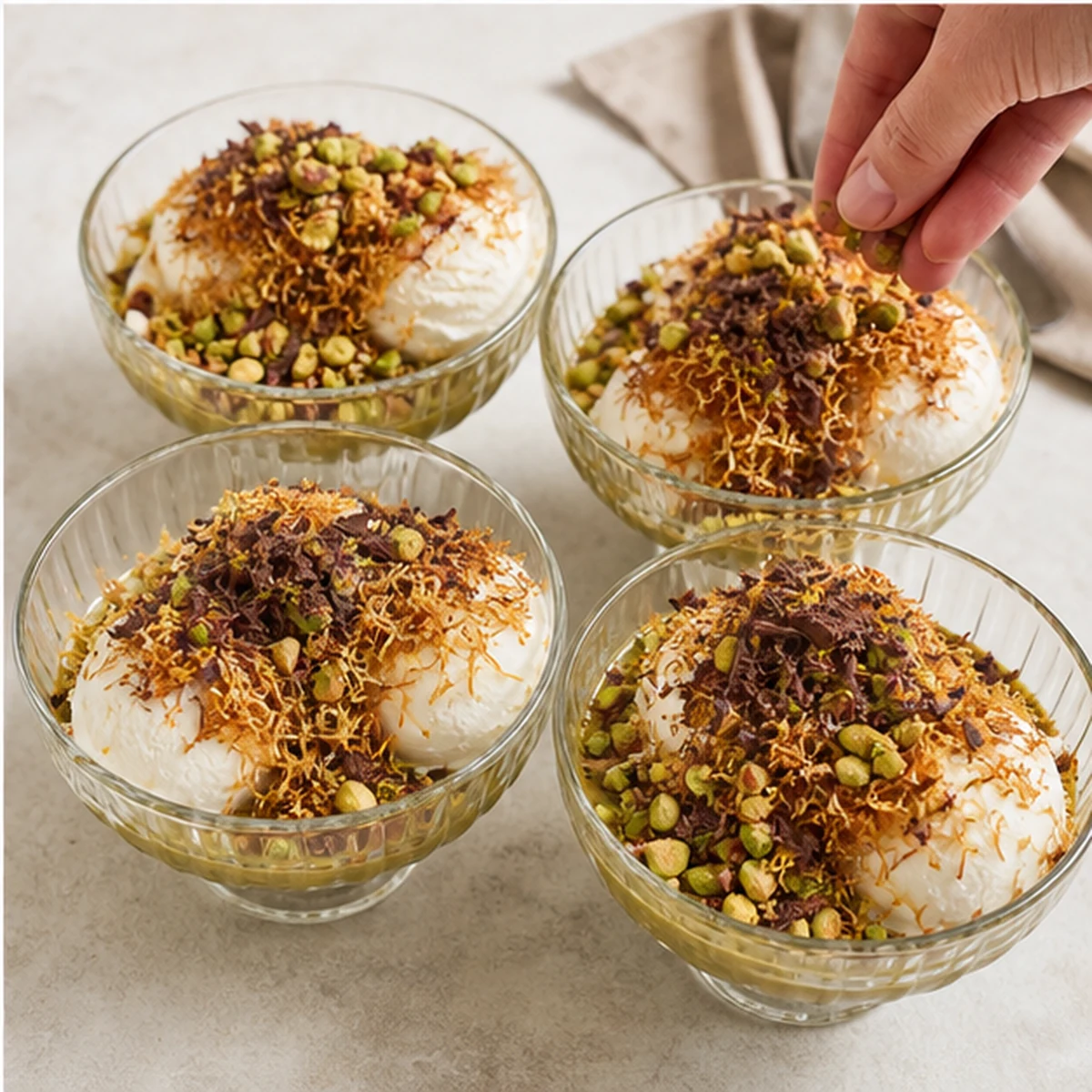 Finish for Kataifi Pistachio Ice Cream Sundae, showing the ingredients and preparation at this stage