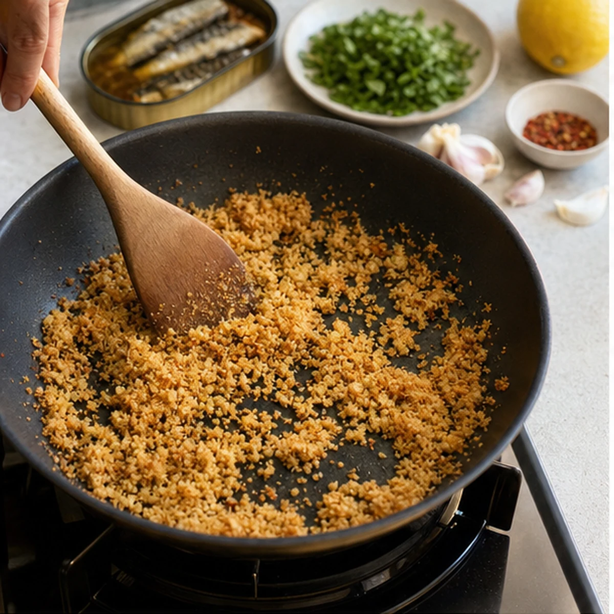 Toast the crumbs for Lemon Sardine Pasta, showing the ingredients and preparation at this stage