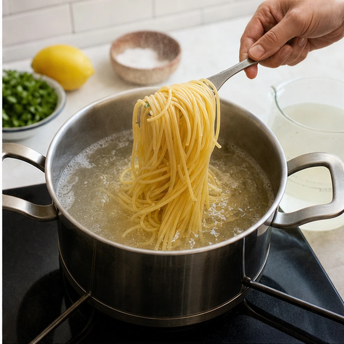 Cook the pasta for Lemon Sardine Pasta, showing the ingredients and preparation at this stage