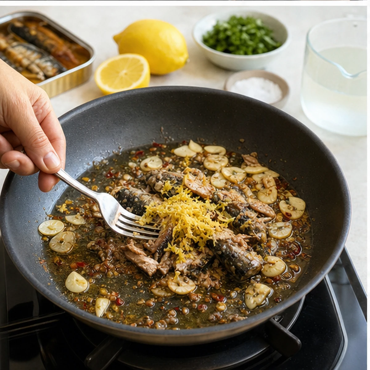 Build the sauce for Lemon Sardine Pasta, showing the ingredients and preparation at this stage