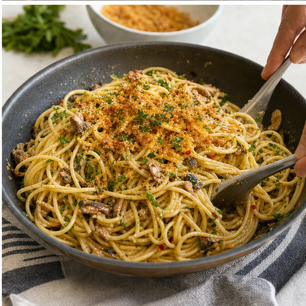 Toss for Lemon Sardine Pasta, showing the ingredients and preparation at this stage