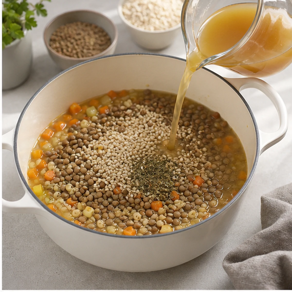 Add grains and pulses for One-Pot Lentil Barley Dinner, showing the ingredients and preparation at this stage