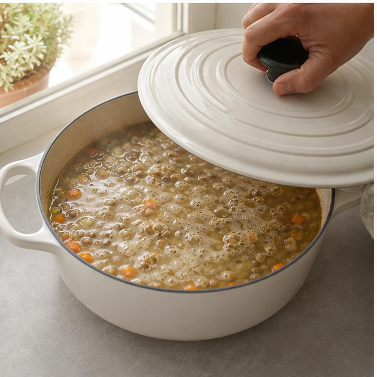 Simmer for One-Pot Lentil Barley Dinner, showing the ingredients and preparation at this stage
