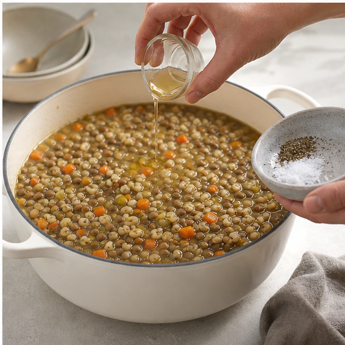 Finish for One-Pot Lentil Barley Dinner, showing the ingredients and preparation at this stage
