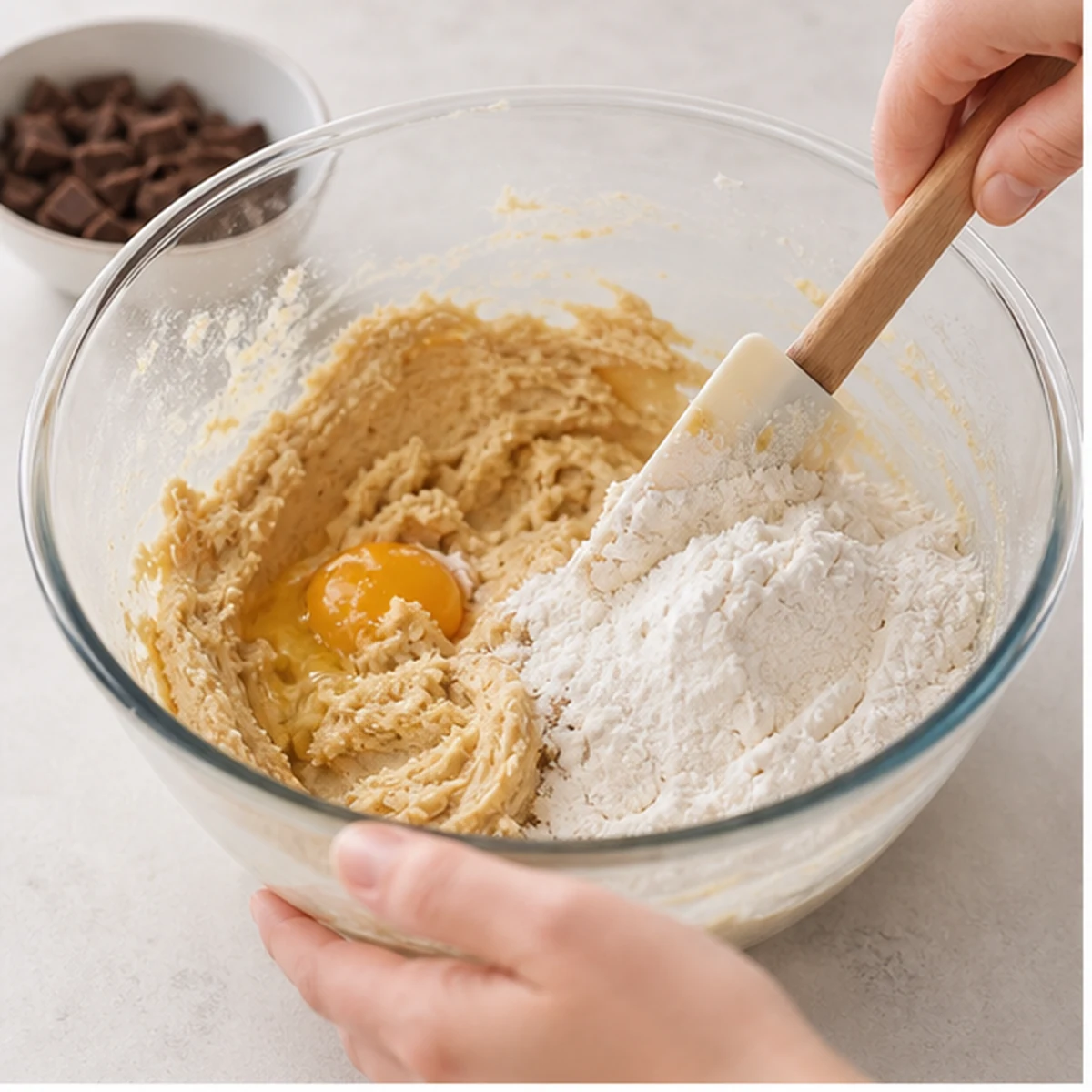 Make the dough for Pistachio Chocolate Cookies, showing the ingredients and preparation at this stage