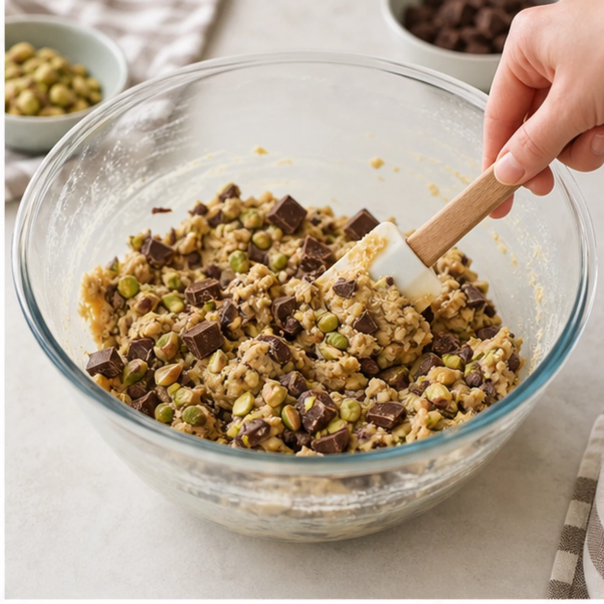 Add chocolate and nuts for Pistachio Chocolate Cookies, showing the ingredients and preparation at this stage