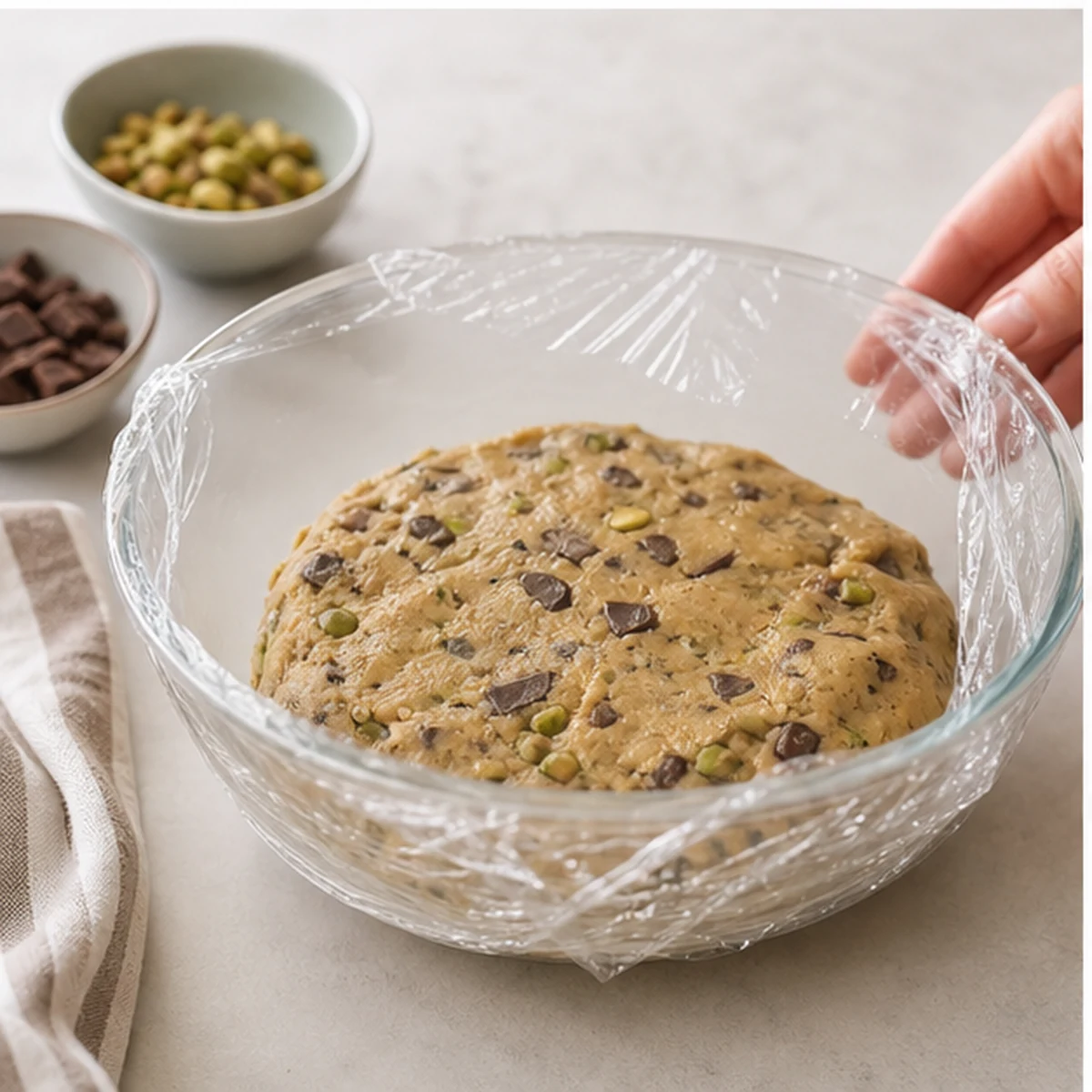 Chill for Pistachio Chocolate Cookies, showing the ingredients and preparation at this stage