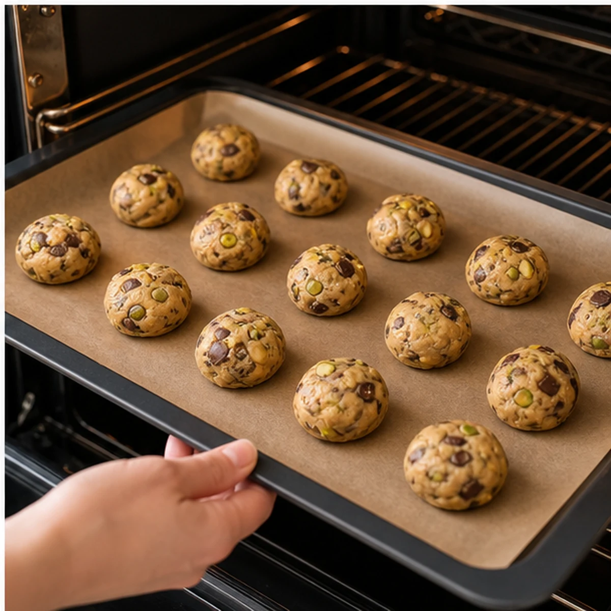Bake for Pistachio Chocolate Cookies, showing the ingredients and preparation at this stage