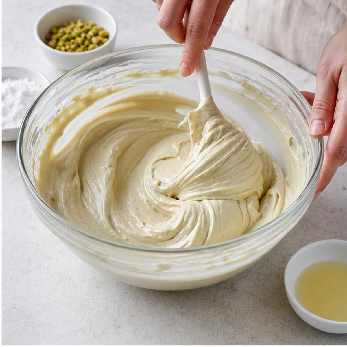 Make the filling for Pistachio Kataifi Cheesecake Cups, showing the ingredients and preparation at this stage