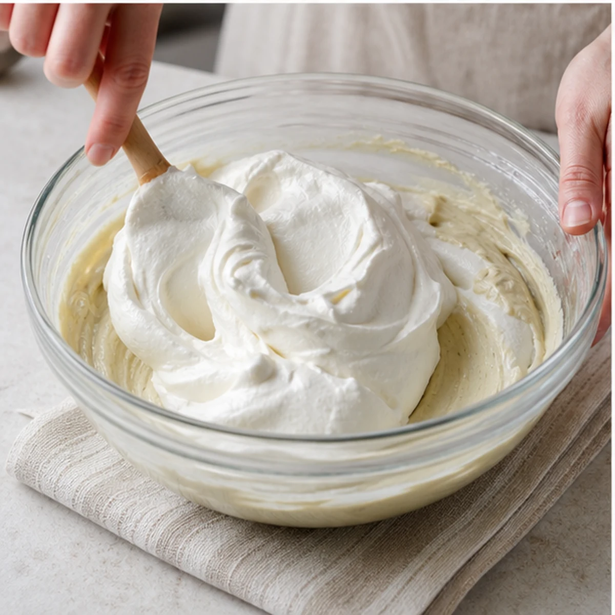 Whip and fold for Pistachio Kataifi Cheesecake Cups, showing the ingredients and preparation at this stage