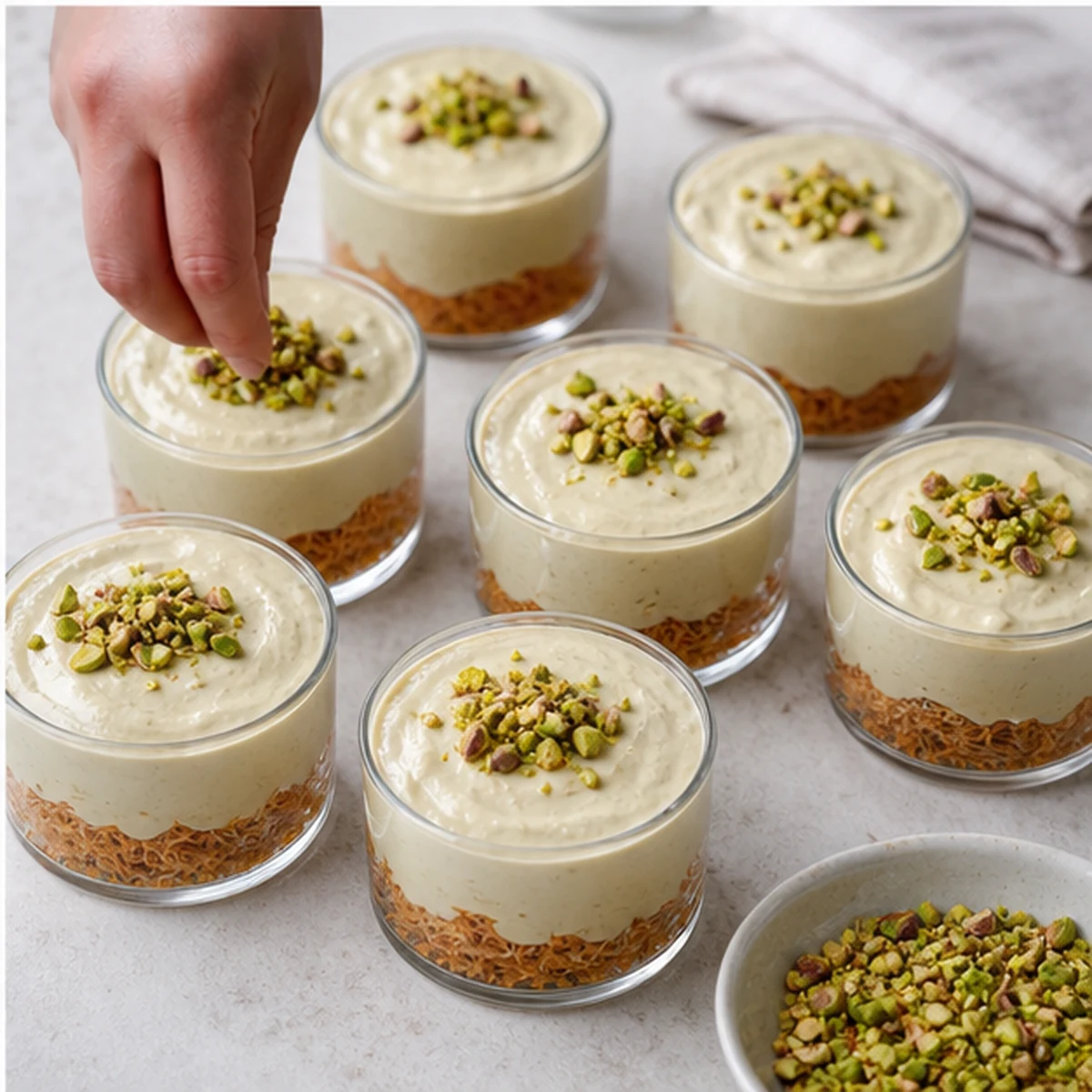 Assemble for Pistachio Kataifi Cheesecake Cups, showing the ingredients and preparation at this stage