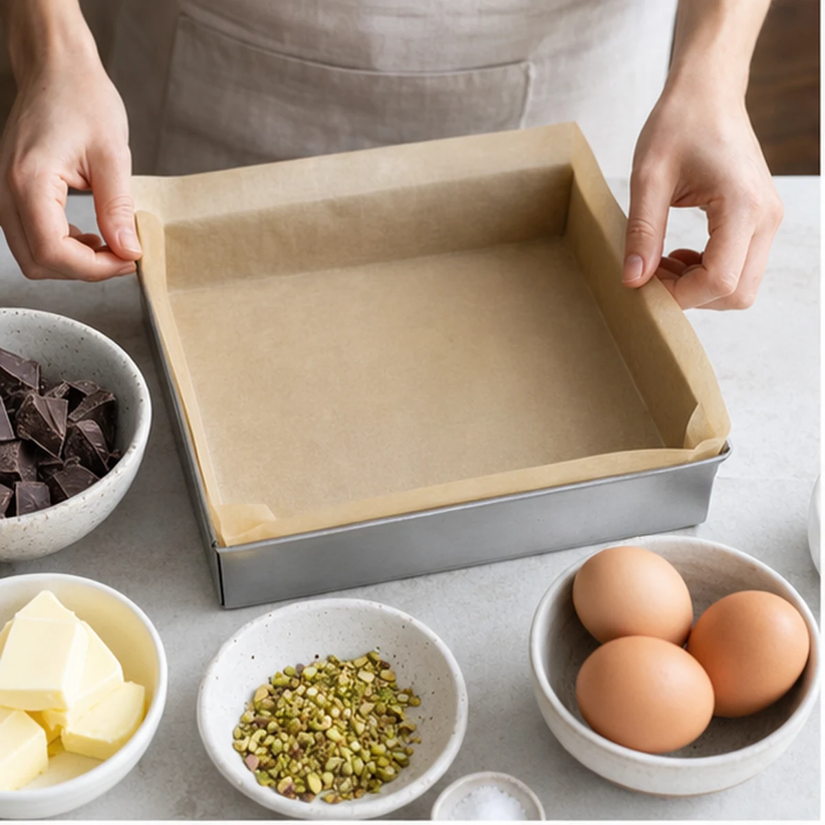 Prepare for Pistachio Tahini Brownies, showing the ingredients and preparation at this stage