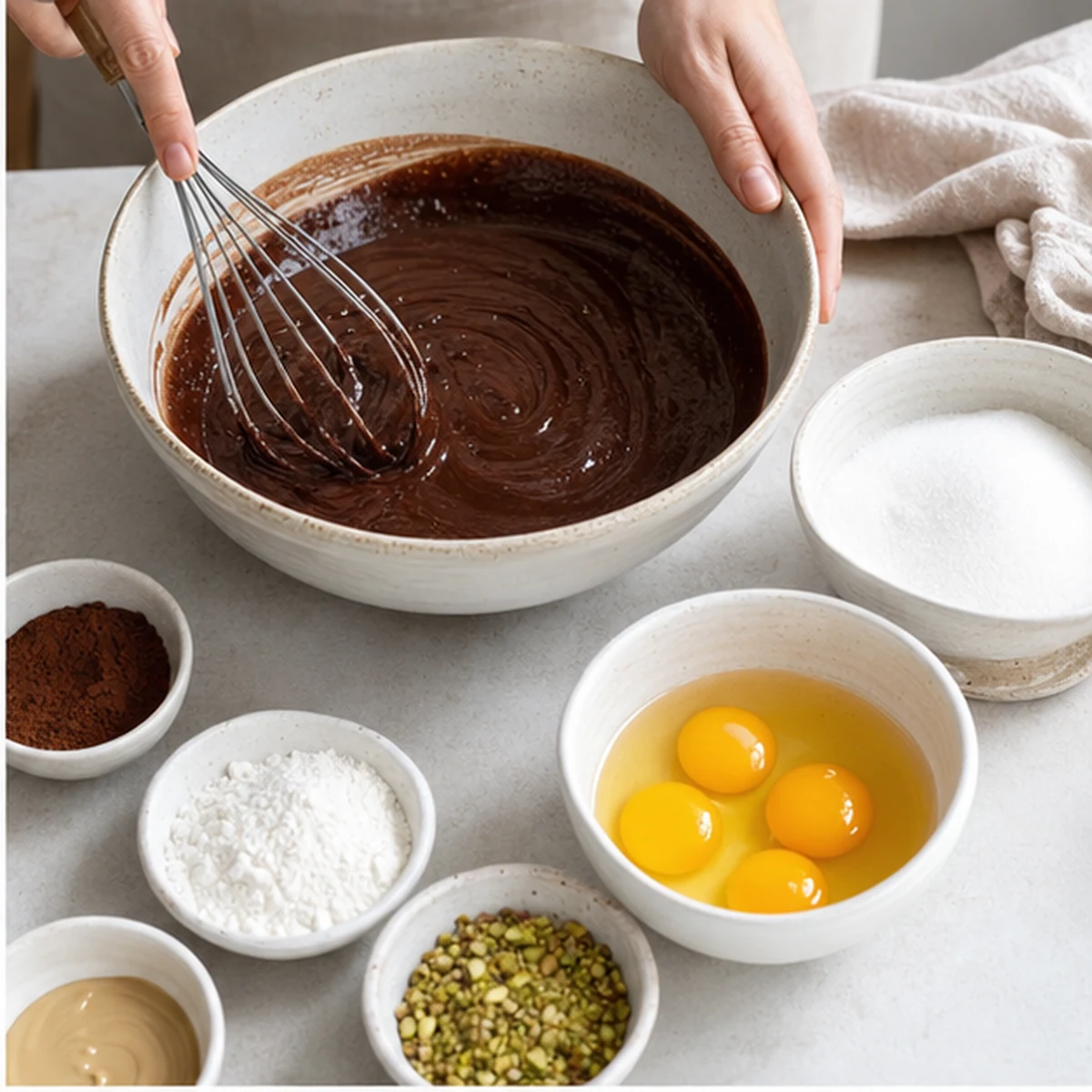 Mix for Pistachio Tahini Brownies, showing the ingredients and preparation at this stage
