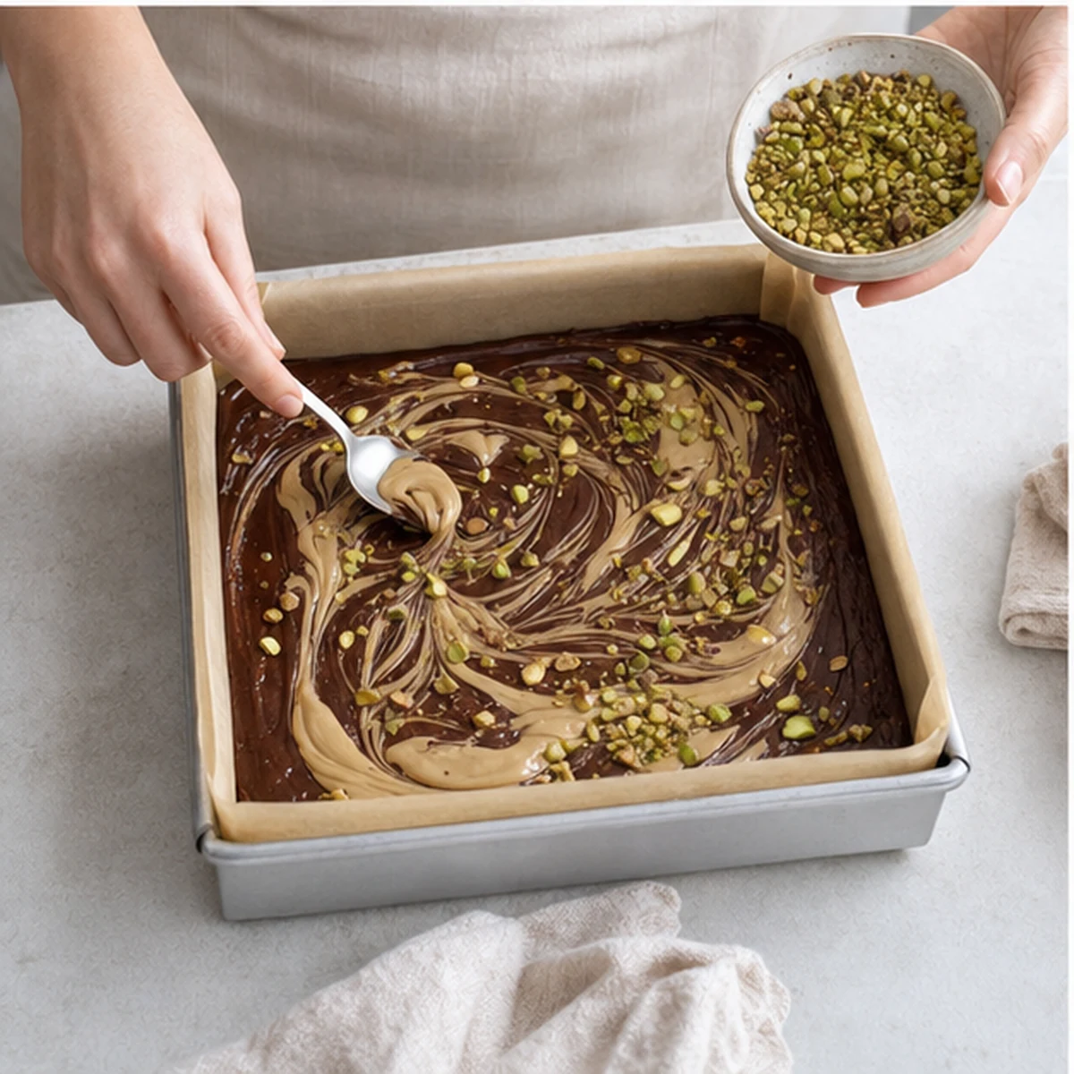 Swirl for Pistachio Tahini Brownies, showing the ingredients and preparation at this stage
