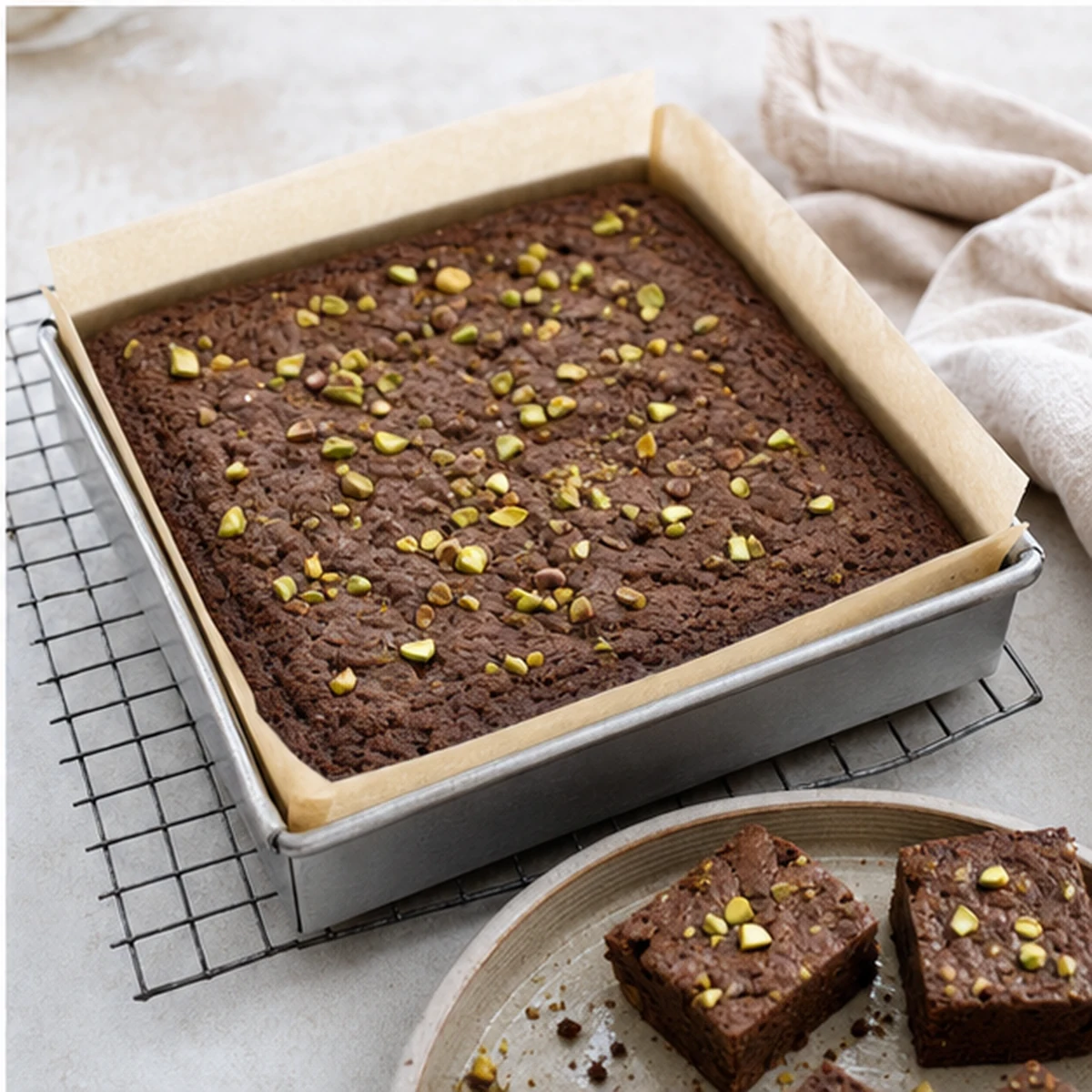 Bake for Pistachio Tahini Brownies, showing the ingredients and preparation at this stage