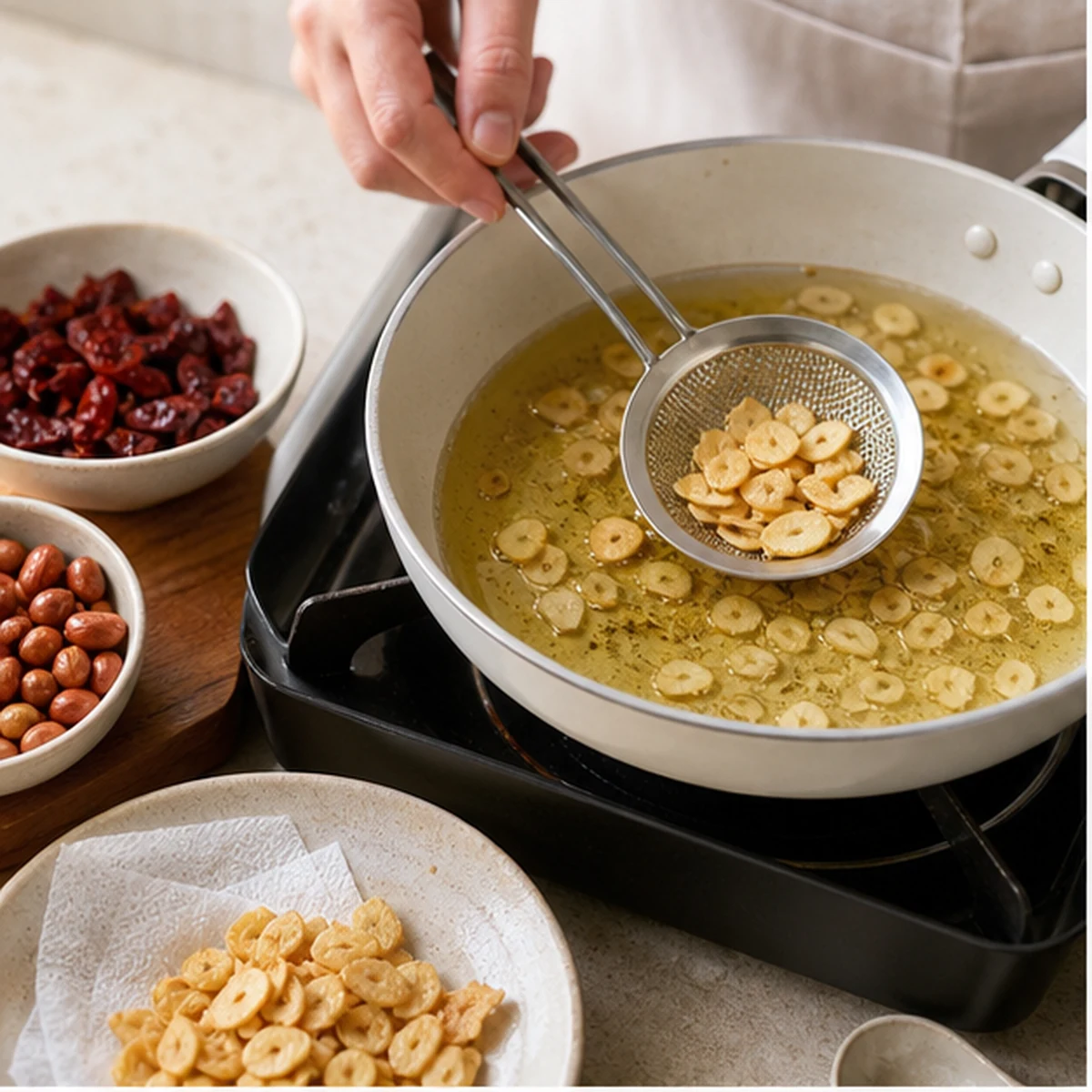 Toast the solids for Salsa Macha, showing the ingredients and preparation at this stage
