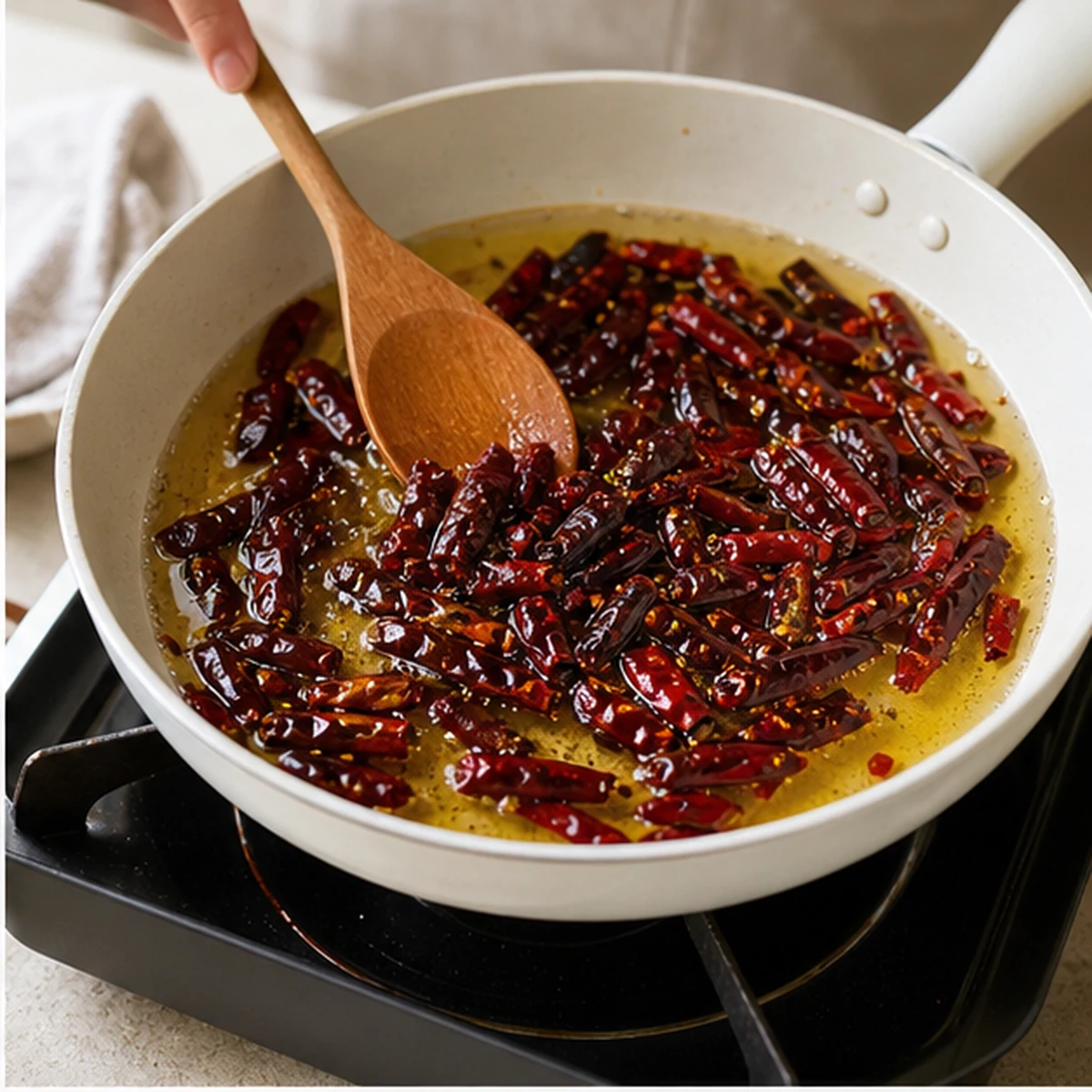 Bloom the chiles for Salsa Macha, showing the ingredients and preparation at this stage