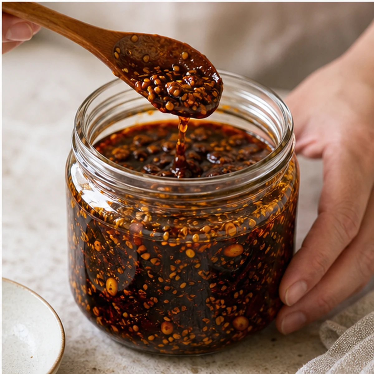 Jar for Salsa Macha, showing the ingredients and preparation at this stage