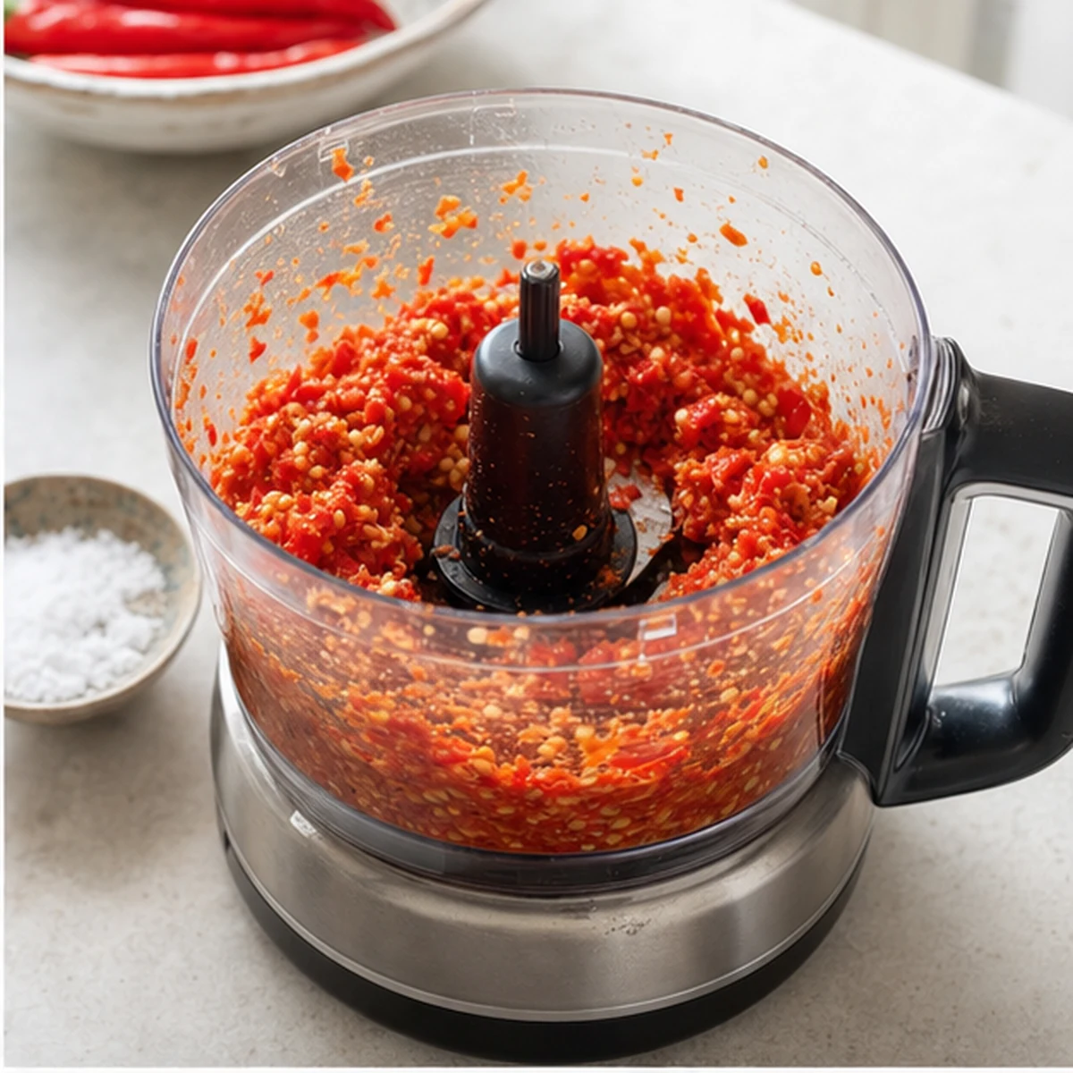 Process for Sambal Oelek-Style Chile Paste, showing the ingredients and preparation at this stage
