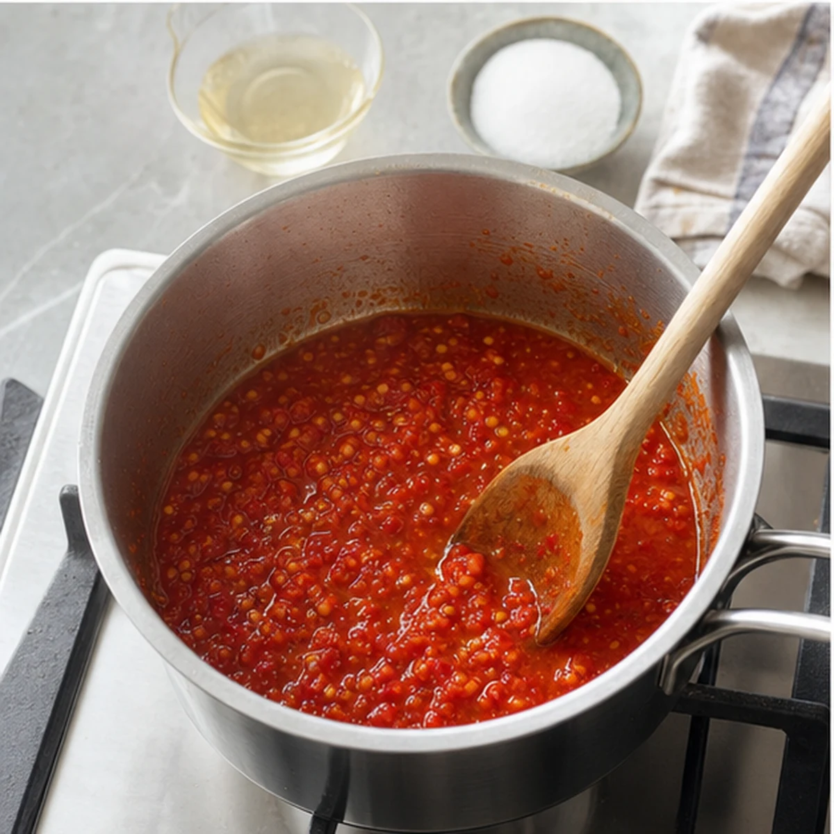 Cook briefly for Sambal Oelek-Style Chile Paste, showing the ingredients and preparation at this stage