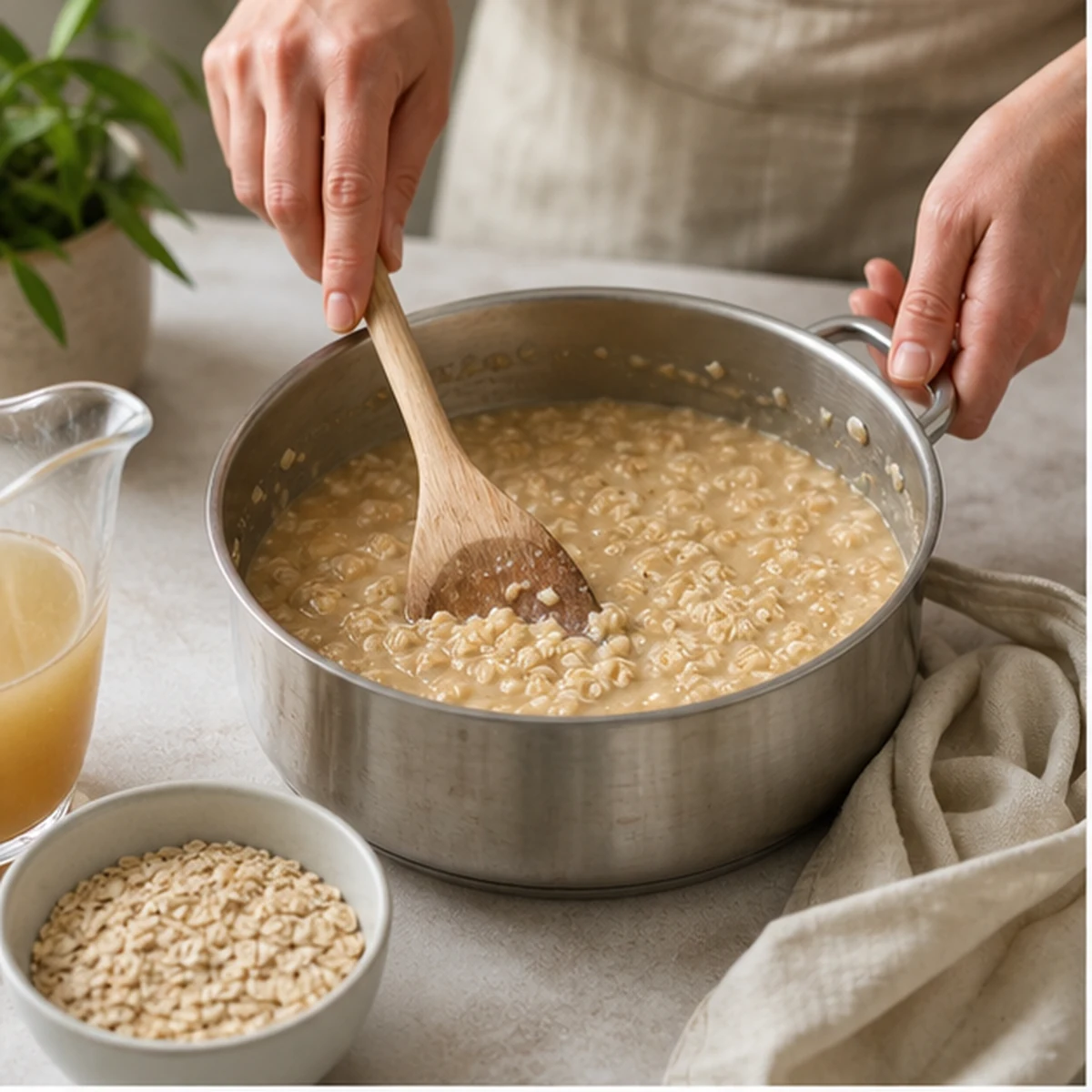Cook the oats for Savory Oats with White Beans and Greens, showing the ingredients and preparation at this stage