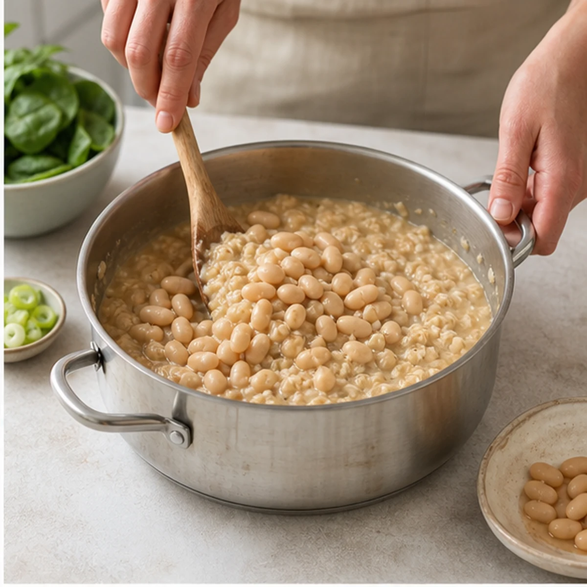 Add beans for Savory Oats with White Beans and Greens, showing the ingredients and preparation at this stage