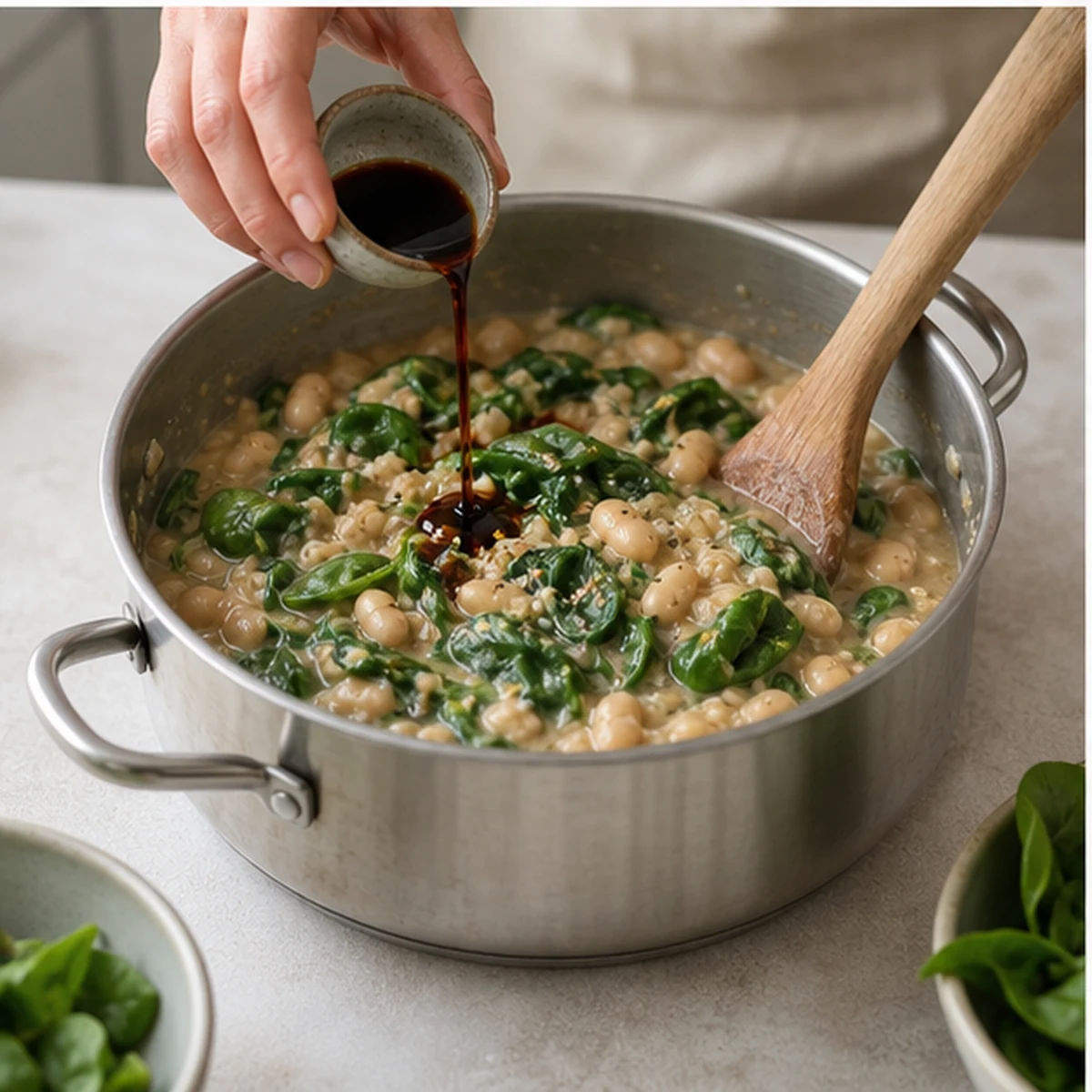Wilt the greens for Savory Oats with White Beans and Greens, showing the ingredients and preparation at this stage