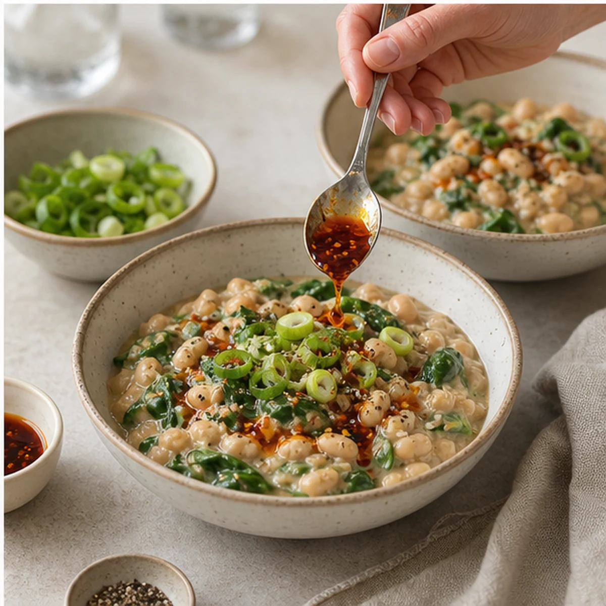 Finish for Savory Oats with White Beans and Greens, showing the ingredients and preparation at this stage