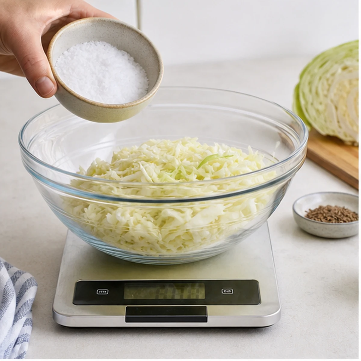 Weigh for Small-Batch Fermented Cabbage, showing the ingredients and preparation at this stage