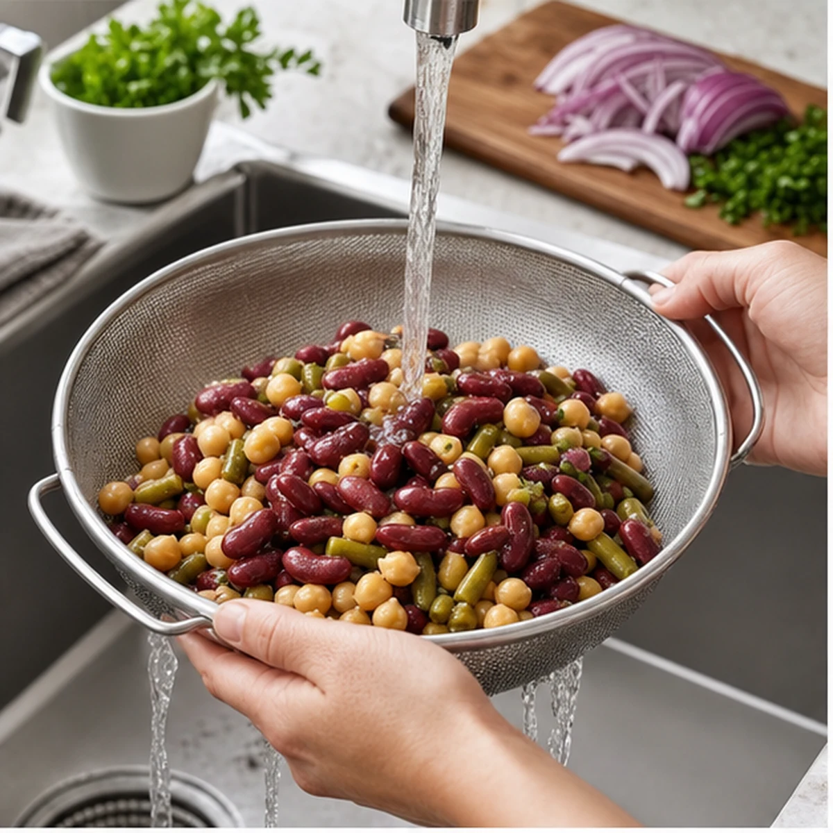 Rinse and dry for Three-Bean Herb Salad, showing the ingredients and preparation at this stage