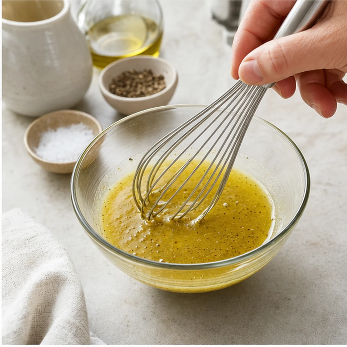 Make the dressing for Three-Bean Herb Salad, showing the ingredients and preparation at this stage