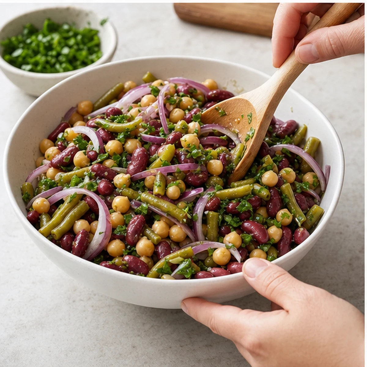 Combine for Three-Bean Herb Salad, showing the ingredients and preparation at this stage
