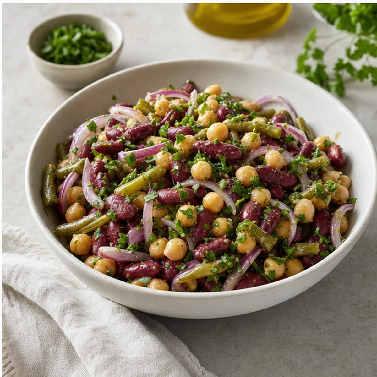 Rest for Three-Bean Herb Salad, showing the ingredients and preparation at this stage
