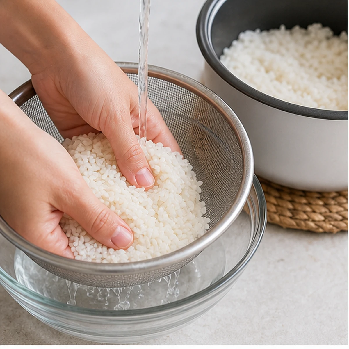 Cook the rice for Tinned Fish Rice Bowl, showing the ingredients and preparation at this stage