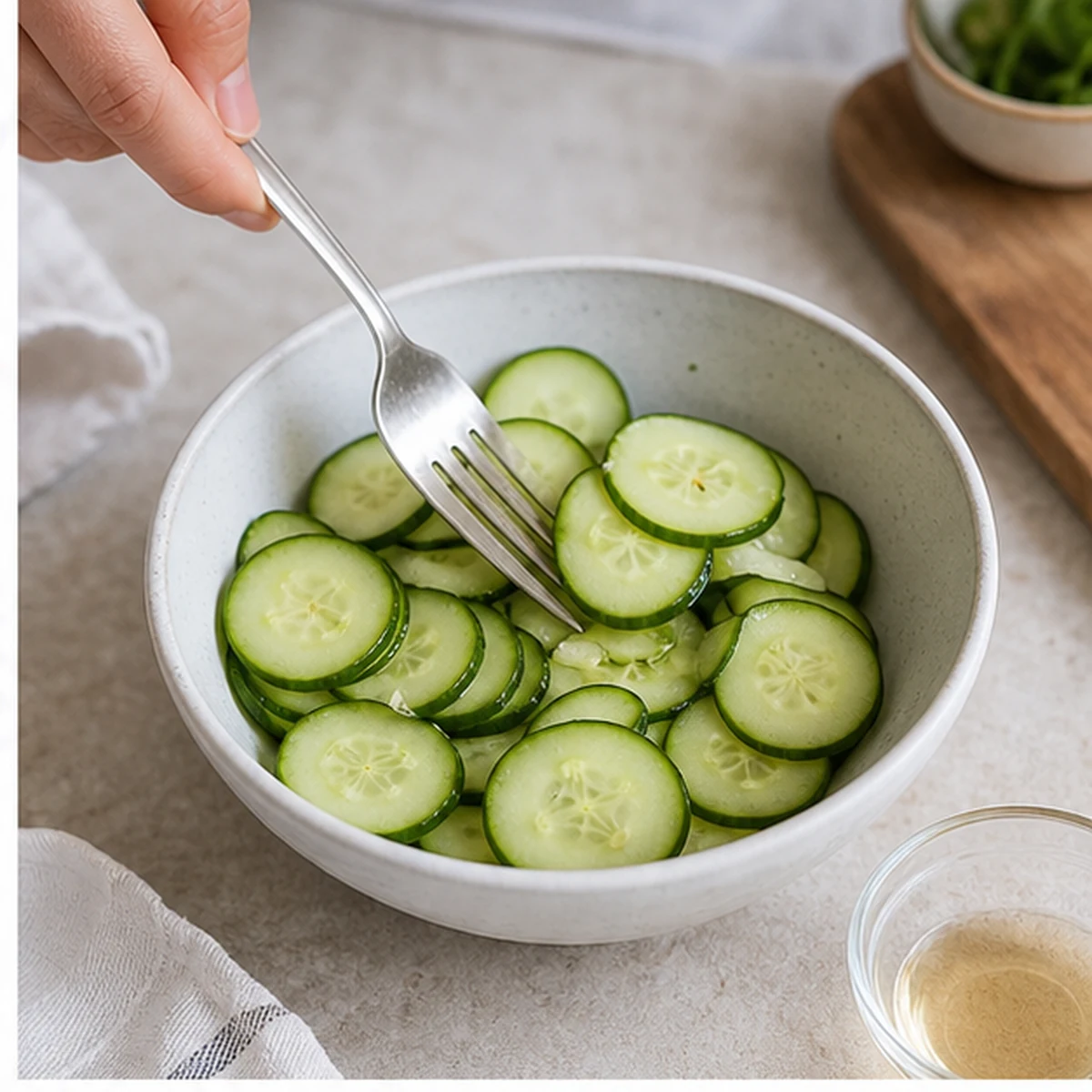 Dress the cucumber for Tinned Fish Rice Bowl, showing the ingredients and preparation at this stage