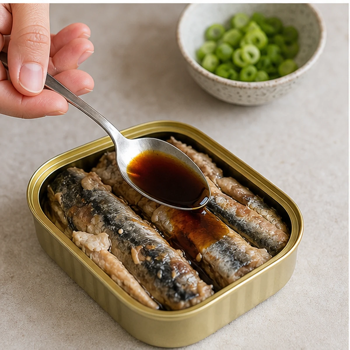 Season the fish for Tinned Fish Rice Bowl, showing the ingredients and preparation at this stage