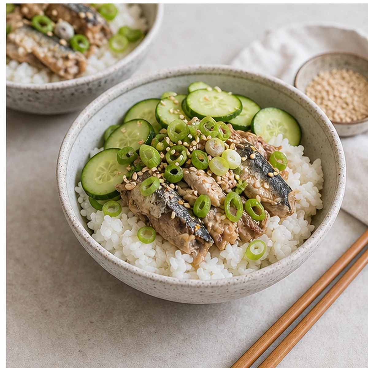 Build for Tinned Fish Rice Bowl, showing the ingredients and preparation at this stage