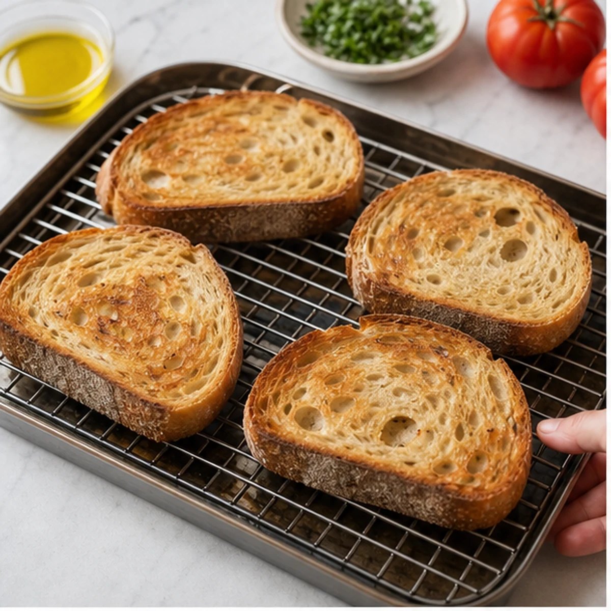 Toast the bread for Tomato Sardine Toast, showing the ingredients and preparation at this stage
