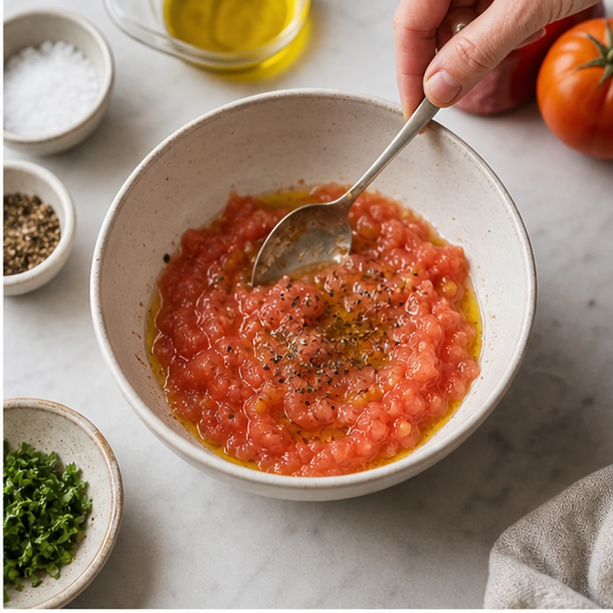 Season the tomato for Tomato Sardine Toast, showing the ingredients and preparation at this stage