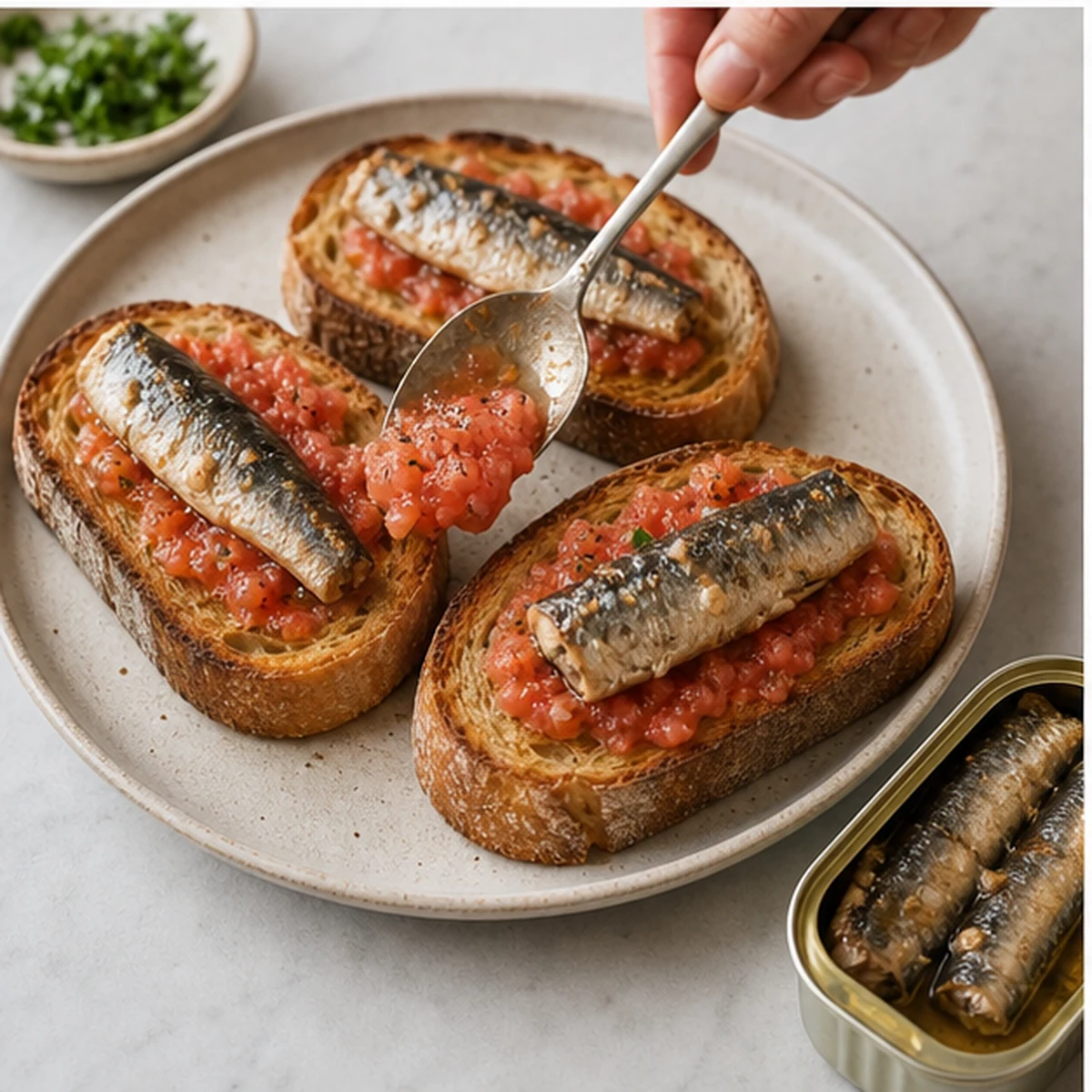 Assemble for Tomato Sardine Toast, showing the ingredients and preparation at this stage