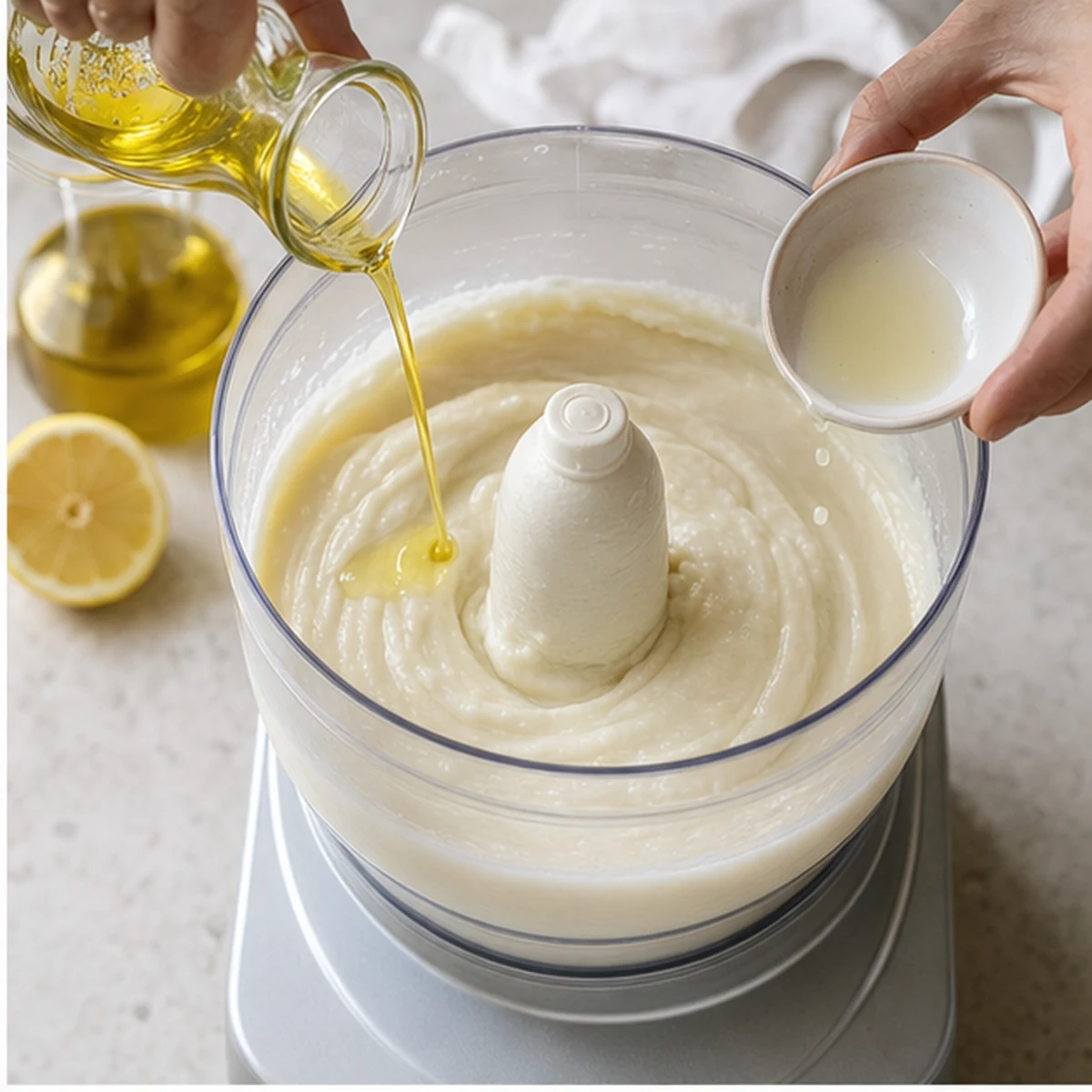 Begin the emulsion for Toum Garlic Sauce, showing the ingredients and preparation at this stage