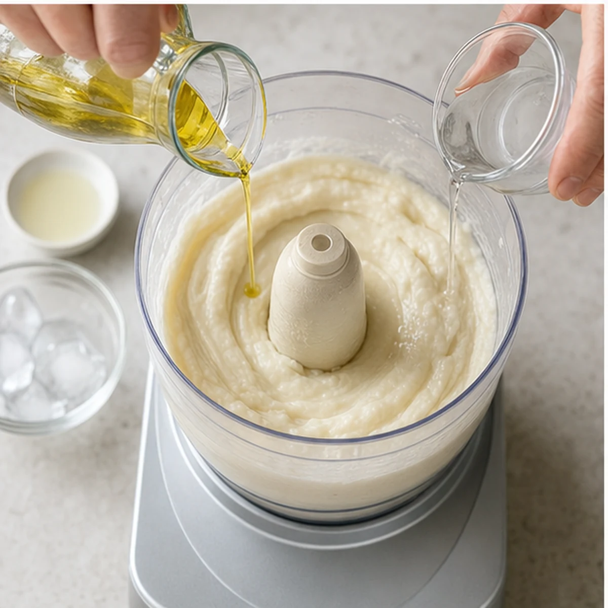 Build slowly for Toum Garlic Sauce, showing the ingredients and preparation at this stage