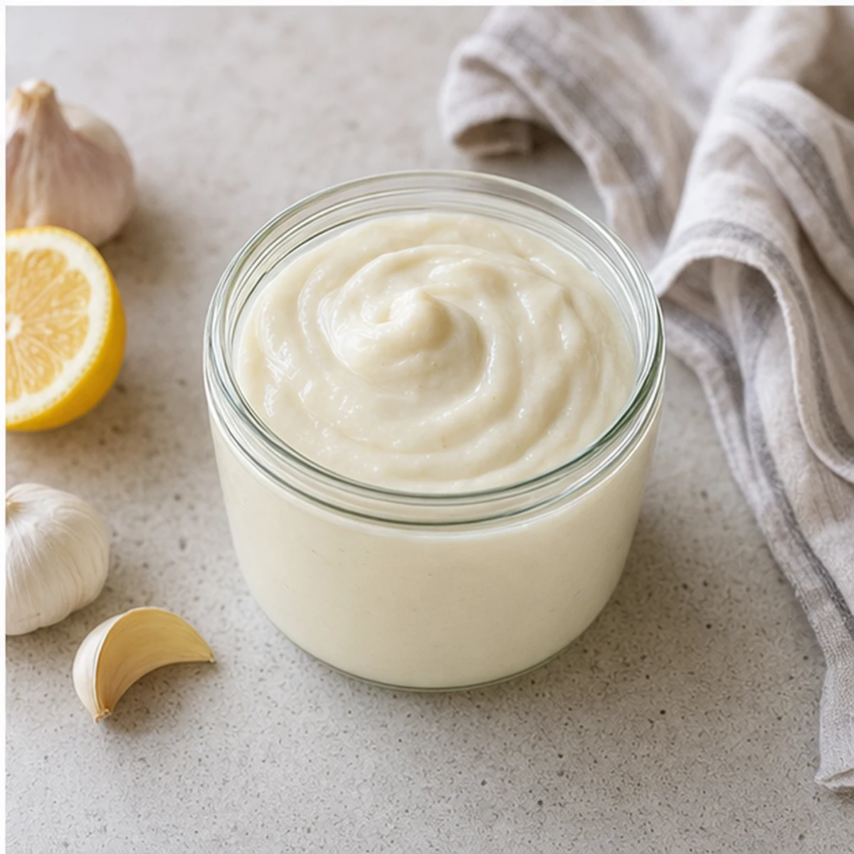 Chill for Toum Garlic Sauce, showing the ingredients and preparation at this stage
