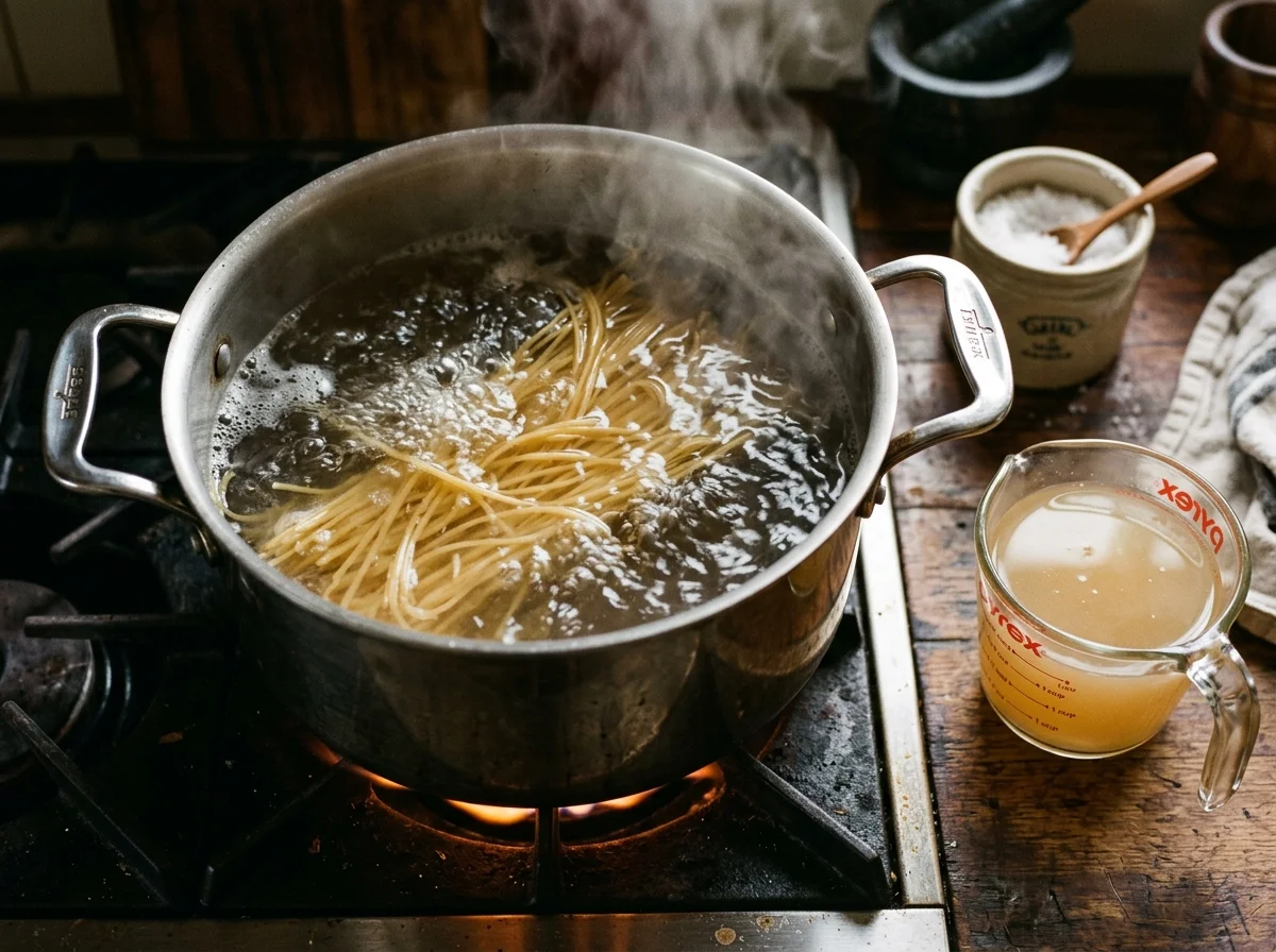 Spaghetti boiling in salted water beside a cup of reserved starchy pasta water