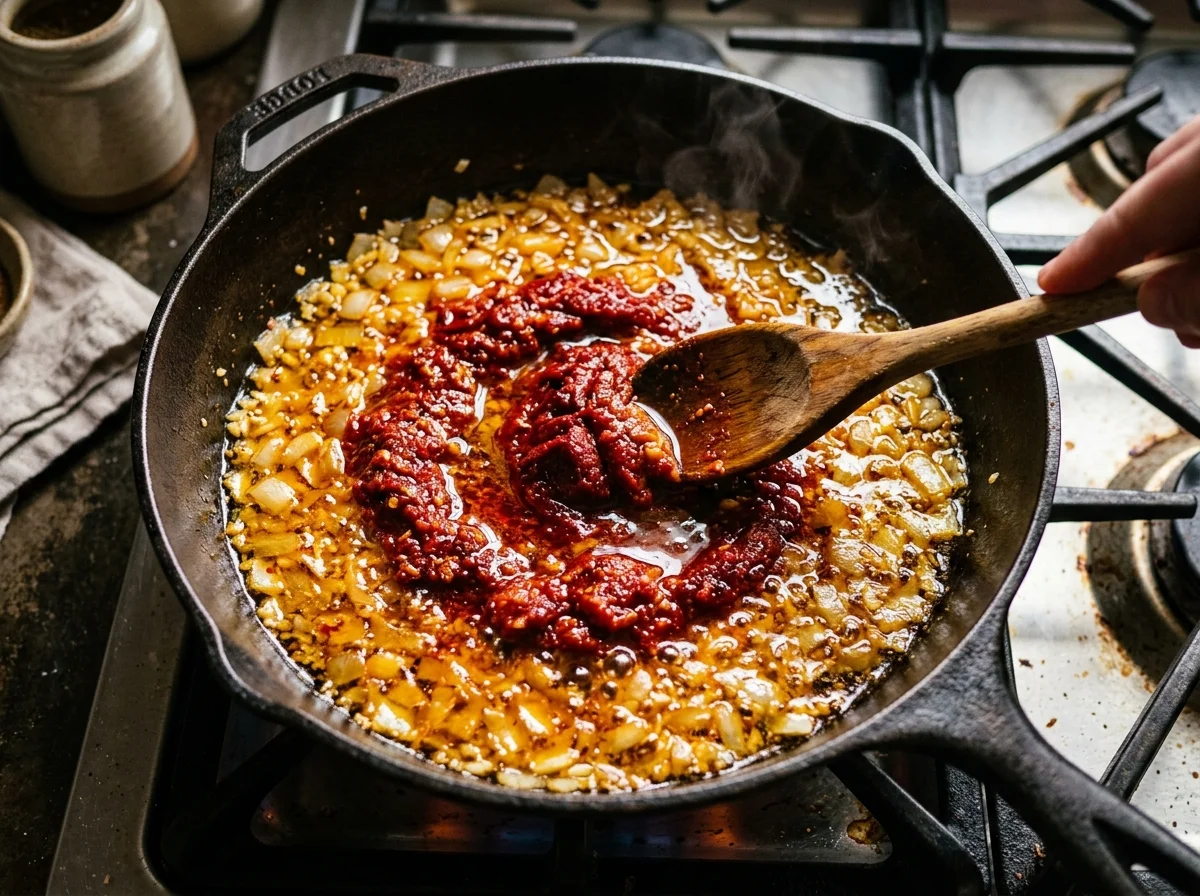 Harissa and tomato paste sizzling with onion and garlic in olive oil