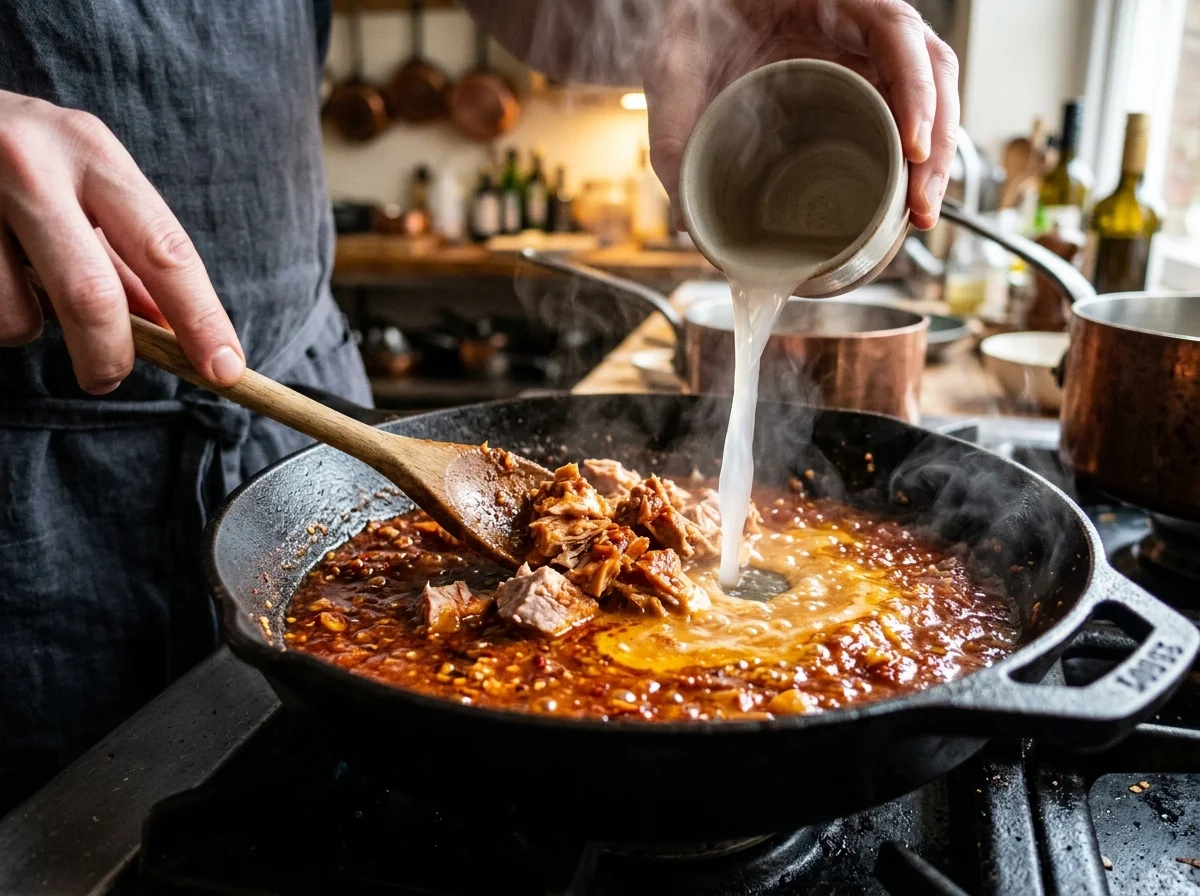 Starchy pasta water poured into brick-red harissa sauce with flaked tuna